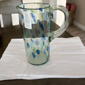 Glass hand blown  art glass pitcher/jug 11" Blue Green And clear